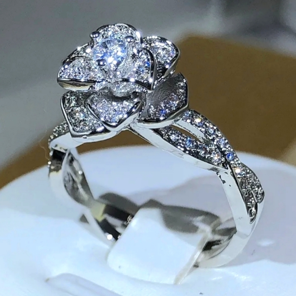 New exclusive Zircon Rose Cocktail Ring Silver Wedding Engagement Ring size 6-10